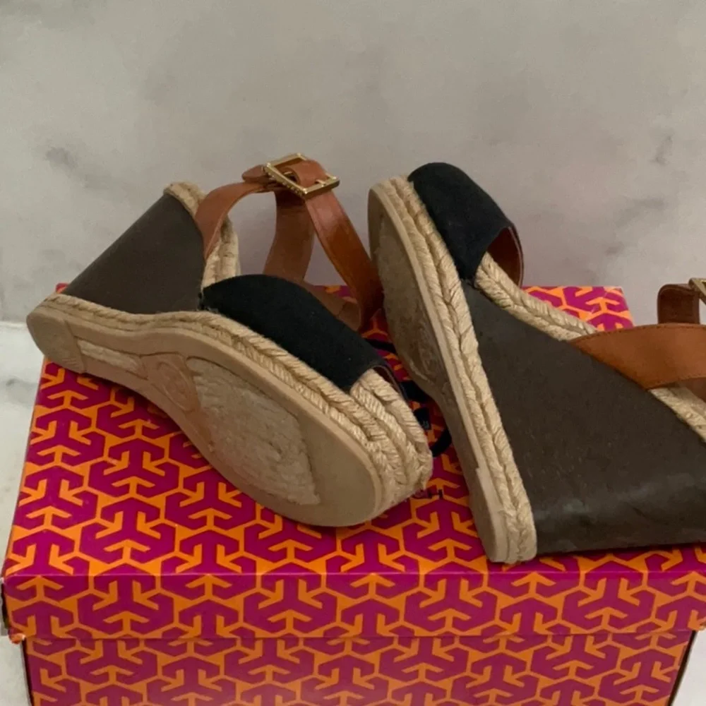 Tory Burch Black and Brown Espadrille Wedge Sandals 8 NIB